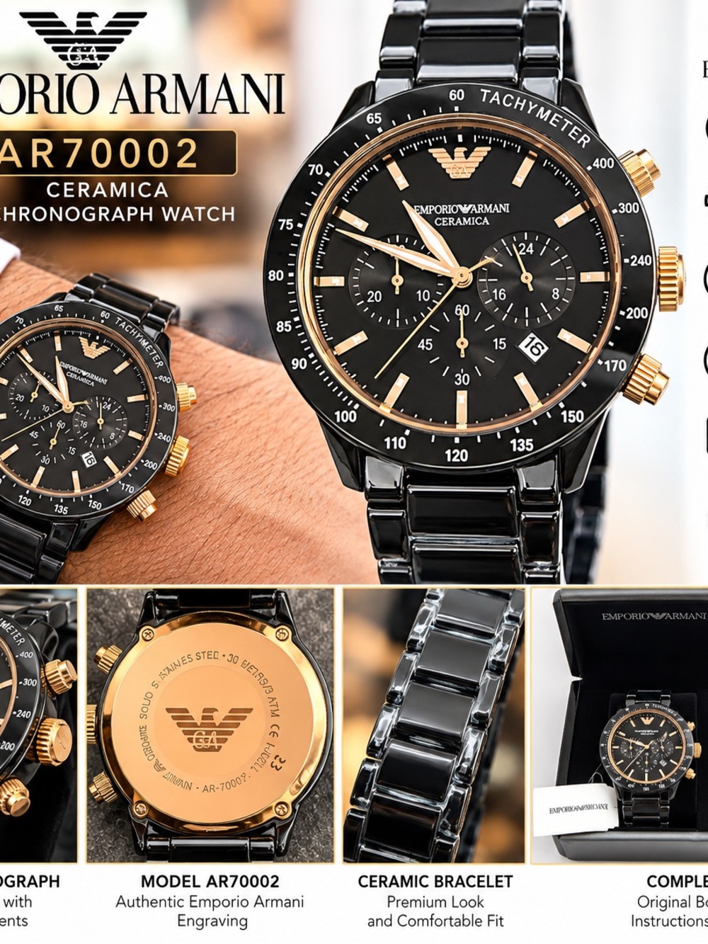 Emporio Armani Men’s AR70002 Black & Gold Ceramic Chronograph Watch